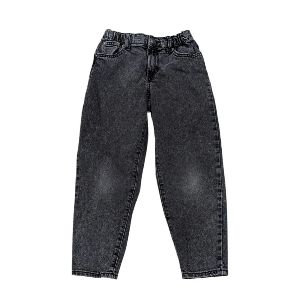 Gap Kids Black Gray Barrel Jeans Denim Paperbag Elastic Waist Girls Size 8